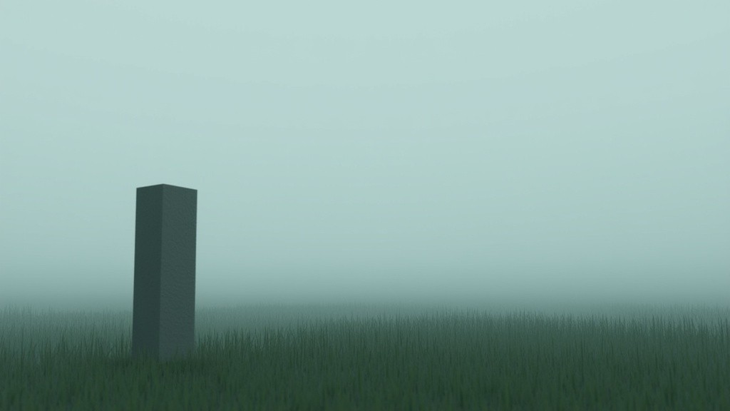 A program's guess: an uncarved stone pillar in low grass under grey fog, darkening before rain.