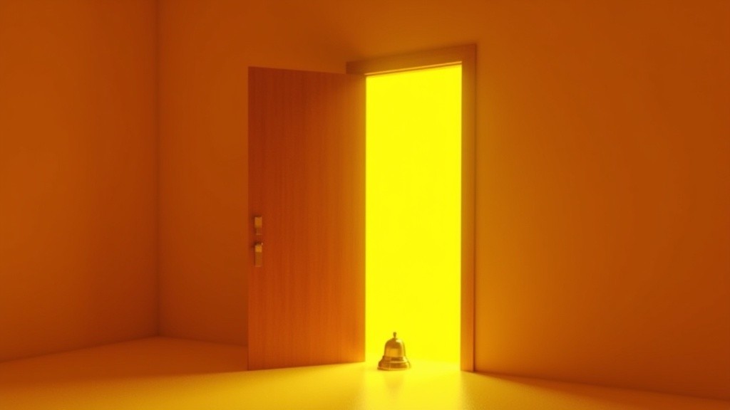 A program's guess: an open wooden doorway in warm yellow haze with a small brass bell on the threshold.